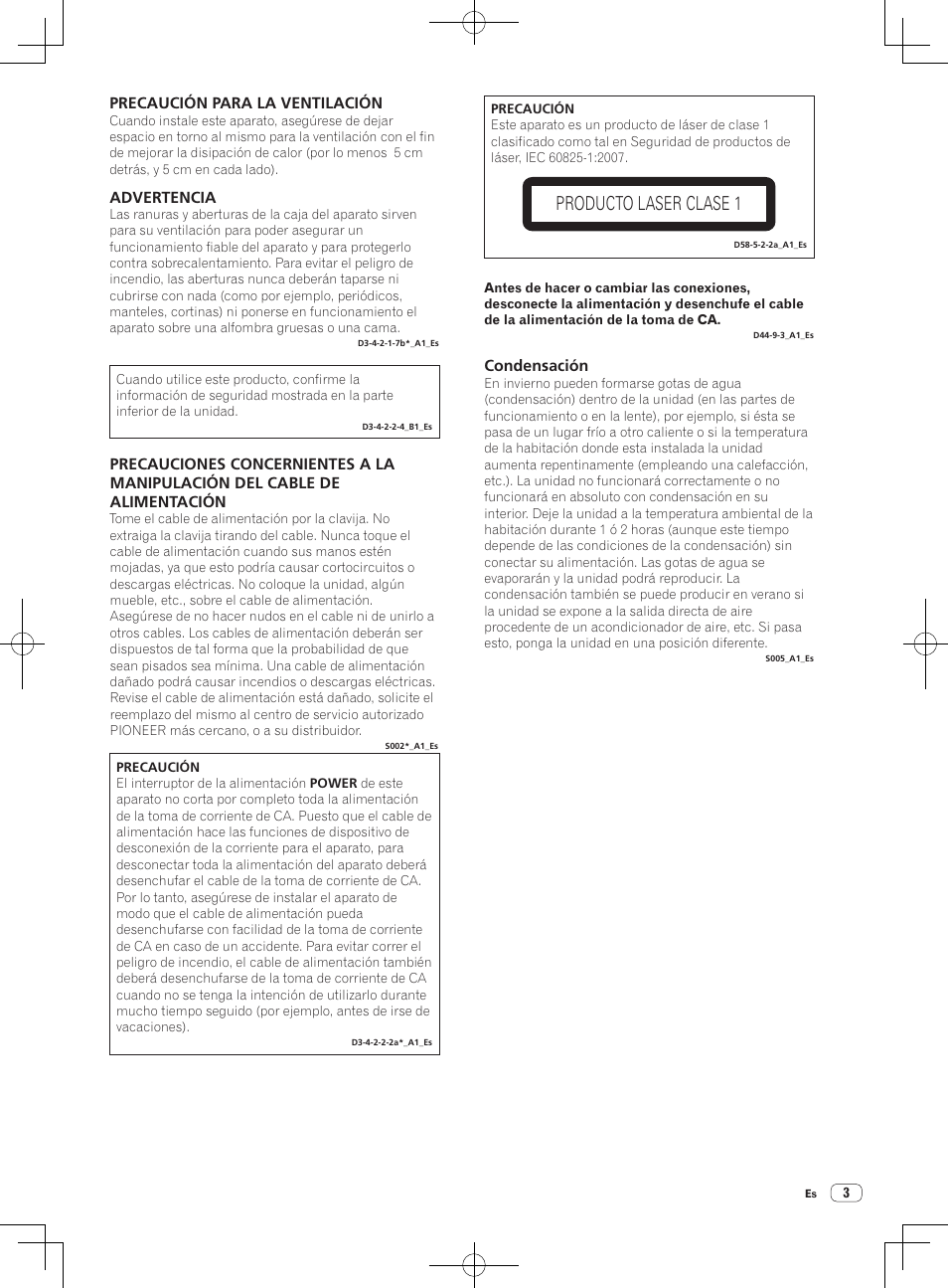 Producto laser clase 1, Precaución para la ventilación, Advertencia | Condensación | Pioneer CDJ-2000NXS User Manual | Page 73 / 116