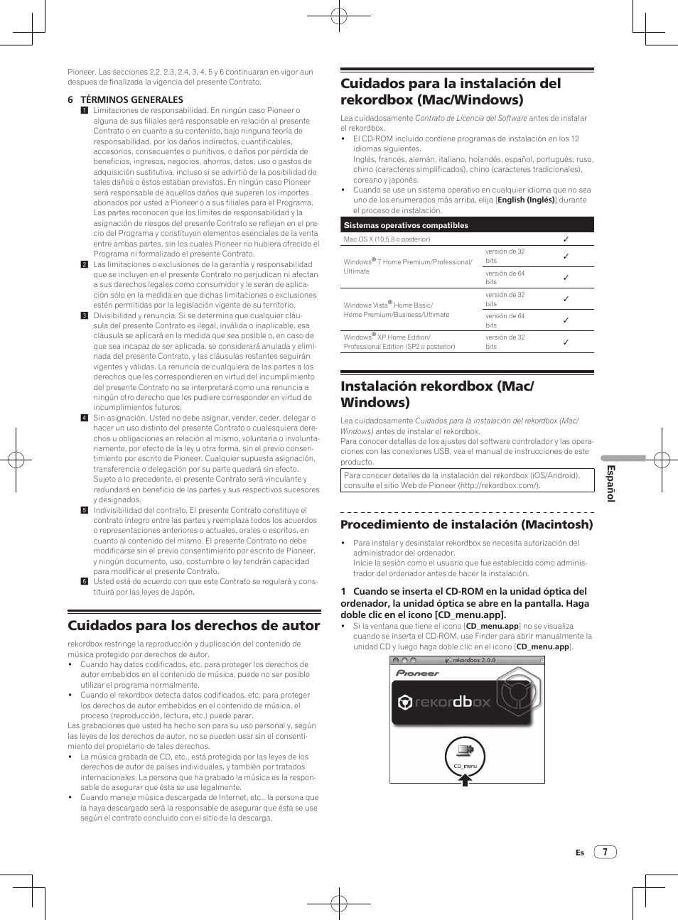 Cuidados para los derechos de autor, Instalación rekordbox (mac/ windows), Procedimiento de instalación (macintosh) | Pioneer CDJ-2000NXS User Manual | Page 77 / 116