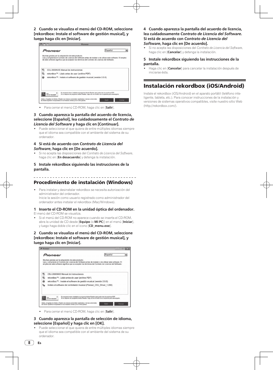 Instalación rekordbox (ios/android), Procedimiento de instalación (windows) | Pioneer CDJ-2000NXS User Manual | Page 78 / 116