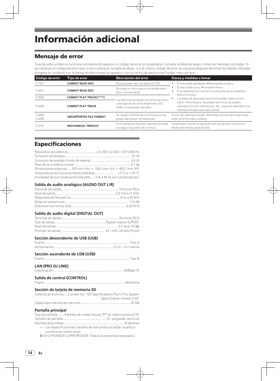 Información adicional, Mensaje de error, Especificaciones | Pioneer CDJ-2000NXS User Manual | Page 84 / 116