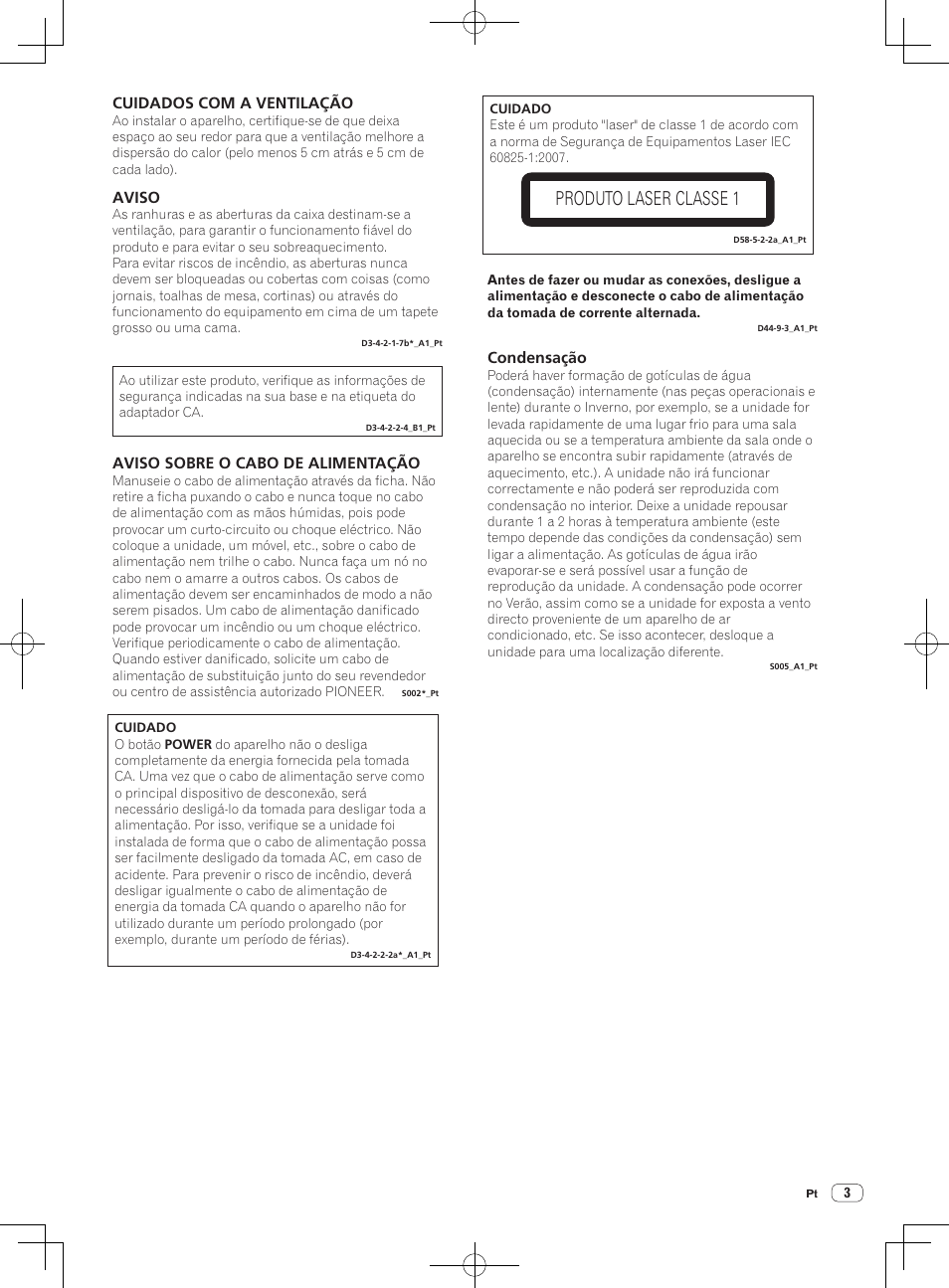 Produto laser classe 1, Aviso sobre o cabo de alimentação, Cuidados com a ventilação | Aviso, Condensação | Pioneer CDJ-2000NXS User Manual | Page 87 / 116