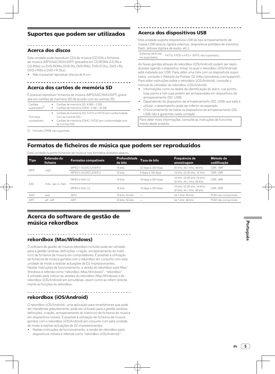 Suportes que podem ser utilizados, Acerca do software de gestão de música rekordbox, Acerca dos discos | Acerca dos cartões de memória sd, Acerca dos dispositivos usb, Rekordbox (mac/windows), Rekordbox (ios/android), Português | Pioneer CDJ-2000NXS User Manual | Page 89 / 116