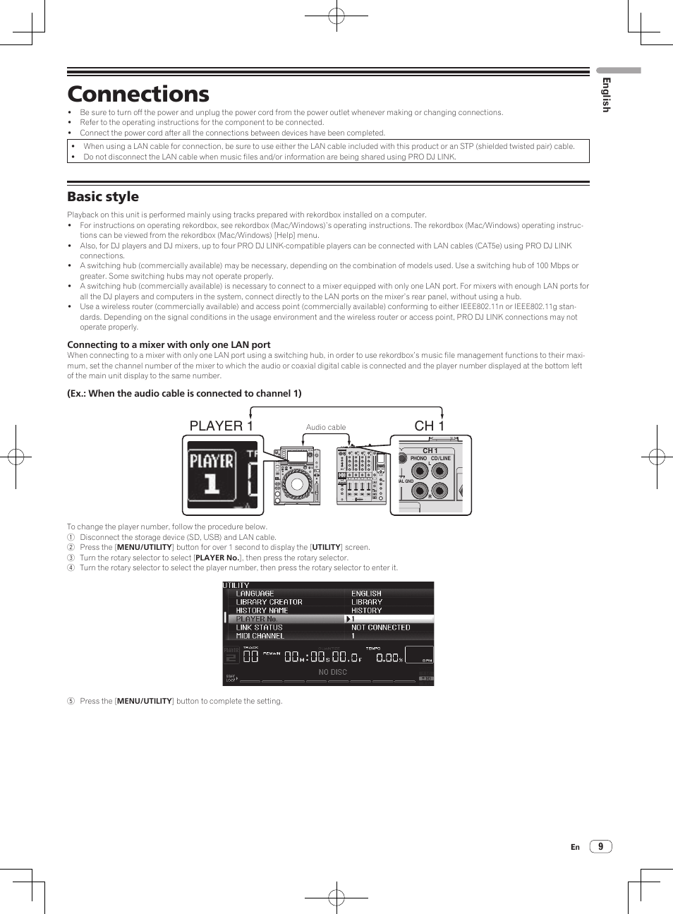 Connections, Basic style, Player 1 ch 1 | Pioneer CDJ-2000NXS User Manual | Page 9 / 116