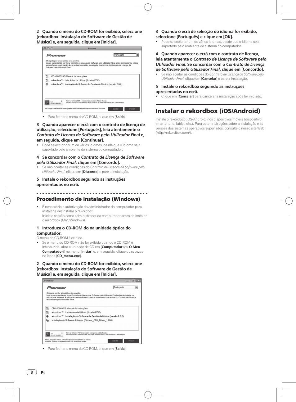 Instalar o rekordbox (ios/android), Procedimento de instalação (windows) | Pioneer CDJ-2000NXS User Manual | Page 92 / 116