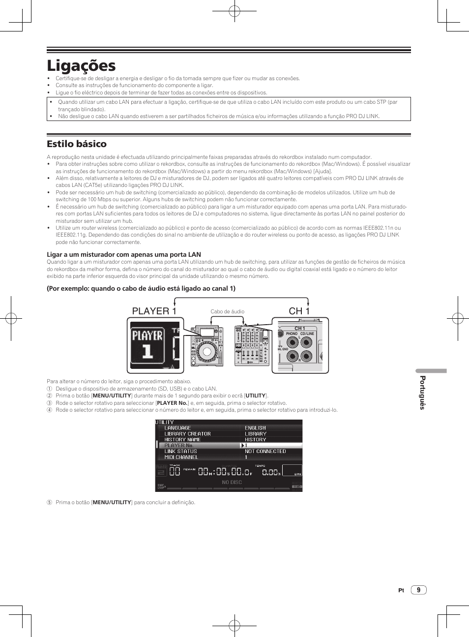 Ligações, Estilo básico, Player 1 ch 1 | Pioneer CDJ-2000NXS User Manual | Page 93 / 116