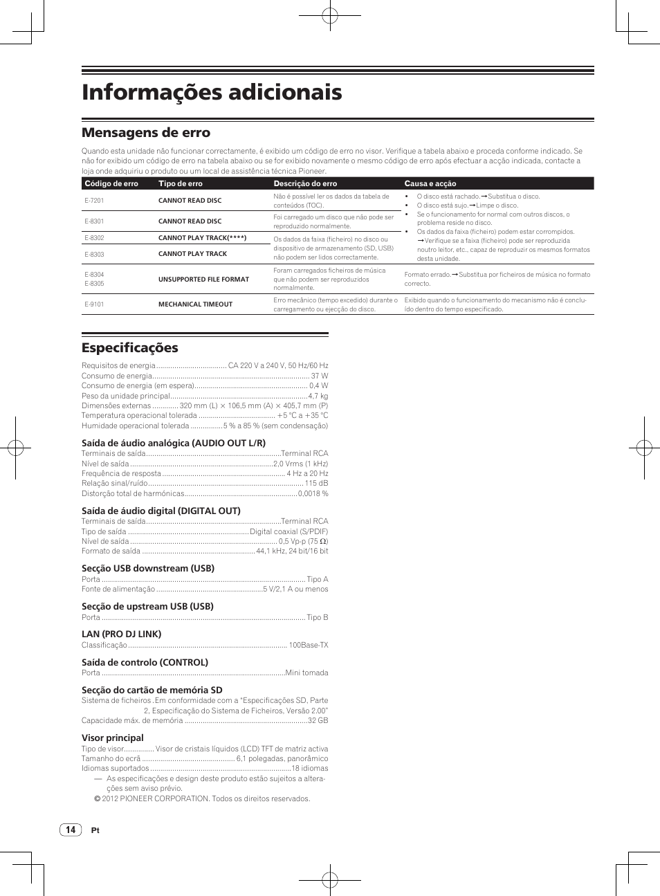 Informações adicionais, Mensagens de erro, Especificações | Pioneer CDJ-2000NXS User Manual | Page 98 / 116