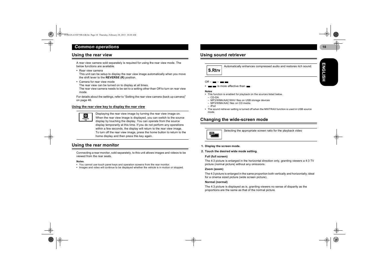 Using the rear view, Using the rear view key to display the rear view, Using the rear monitor | Using sound retriever, Changing the wide-screen mode, Using the rear view key to, Display the rear view, Changing the w | Pioneer AVH-X7500BT User Manual | Page 10 / 70