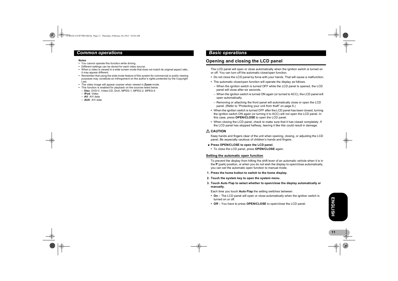 Basic operations, Opening and closing the lcd panel, Caution | Setting the automatic open function, Setting the automatic, Open function, Common operations | Pioneer AVH-X7500BT User Manual | Page 11 / 70