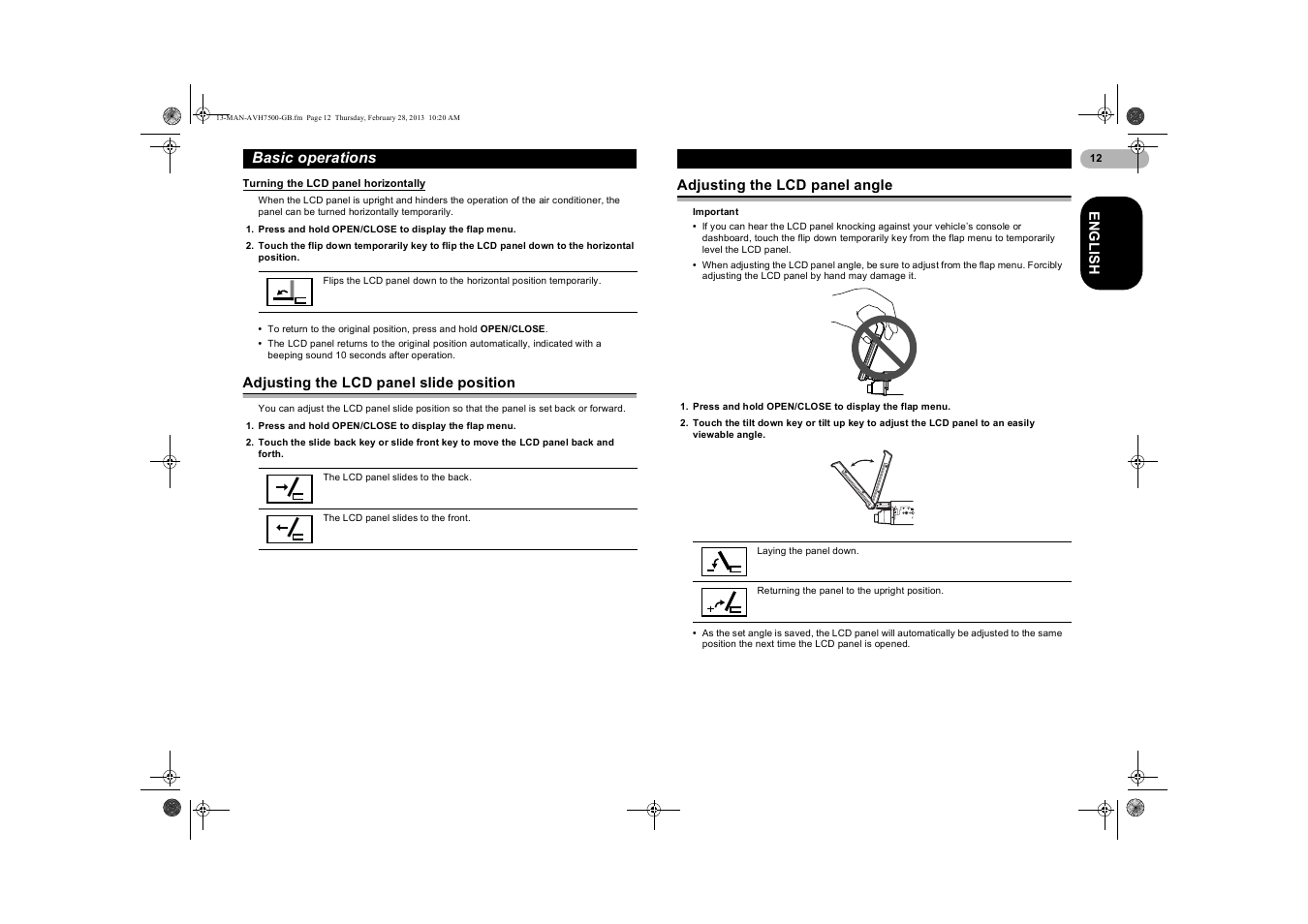 Turning the lcd panel horizontally, Adjusting the lcd panel slide position, Adjusting the lcd panel angle | Turning the lcd panel, Horizontally, Adjusting the lcd panel, Slide position | Pioneer AVH-X7500BT User Manual | Page 12 / 70