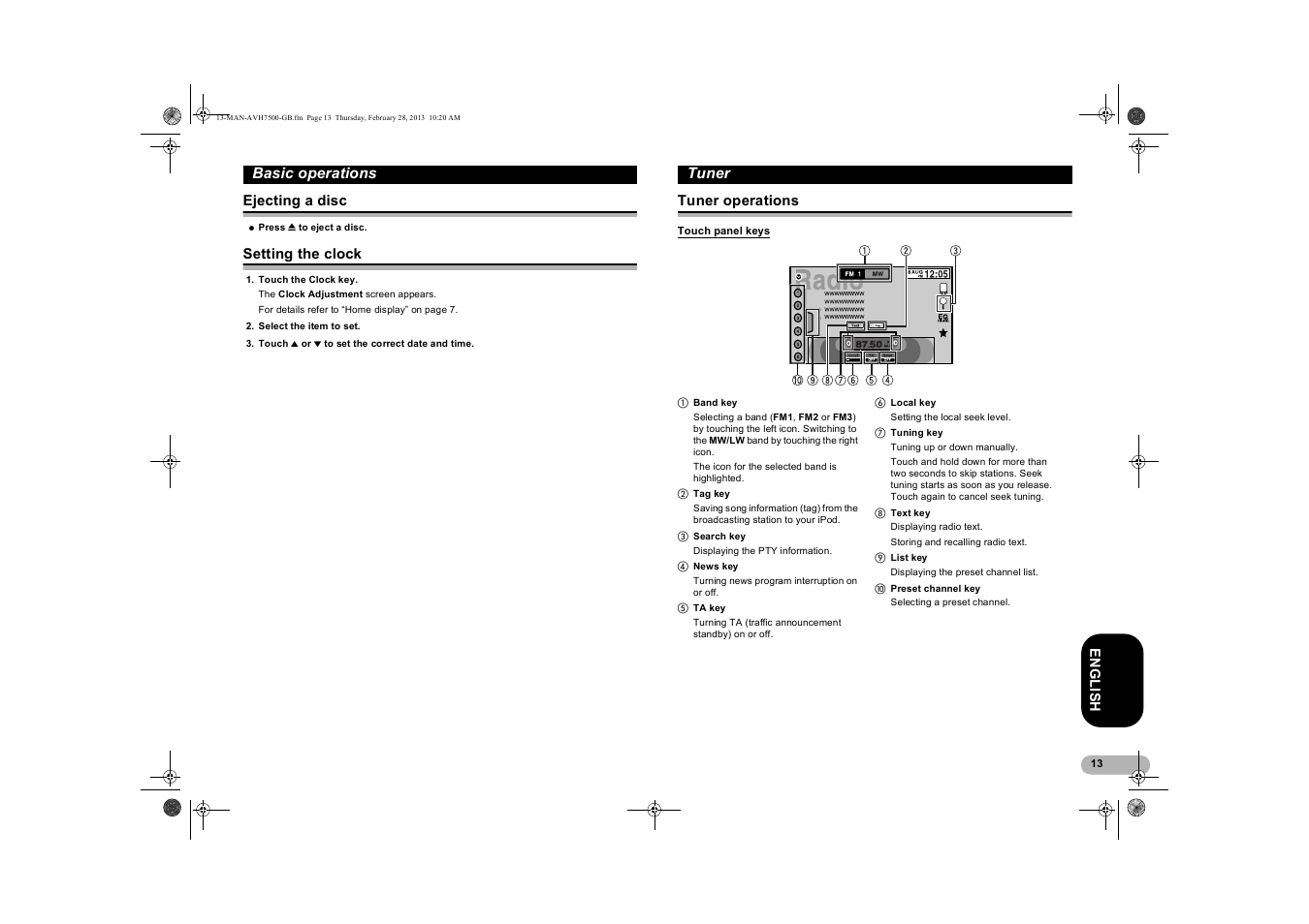 Ejecting a disc, Setting the clock, Tuner | Tuner operations, Touch panel keys | Pioneer AVH-X7500BT User Manual | Page 13 / 70