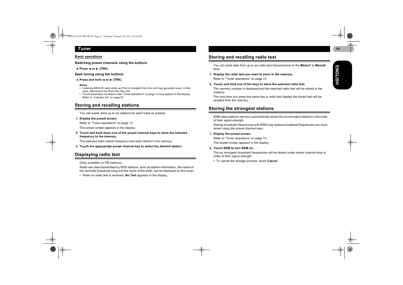 Basic operations, Switching preset channels using the buttons, Seek tuning using the buttons | Storing and recalling stations, Displaying radio text, Storing and recalling radio text, Storing the strongest stations | Pioneer AVH-X7500BT User Manual | Page 14 / 70