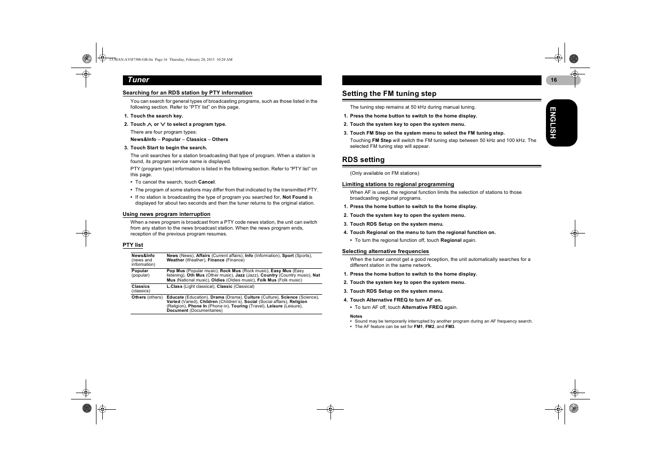 Searching for an rds station by pty information, Using news program interruption, Pty list | Setting the fm tuning step, Rds setting, Limiting stations to regional programming, Selecting alternative frequencies, Searching for an rds station, By pty information, Limiting stations to regional | Pioneer AVH-X7500BT User Manual | Page 16 / 70