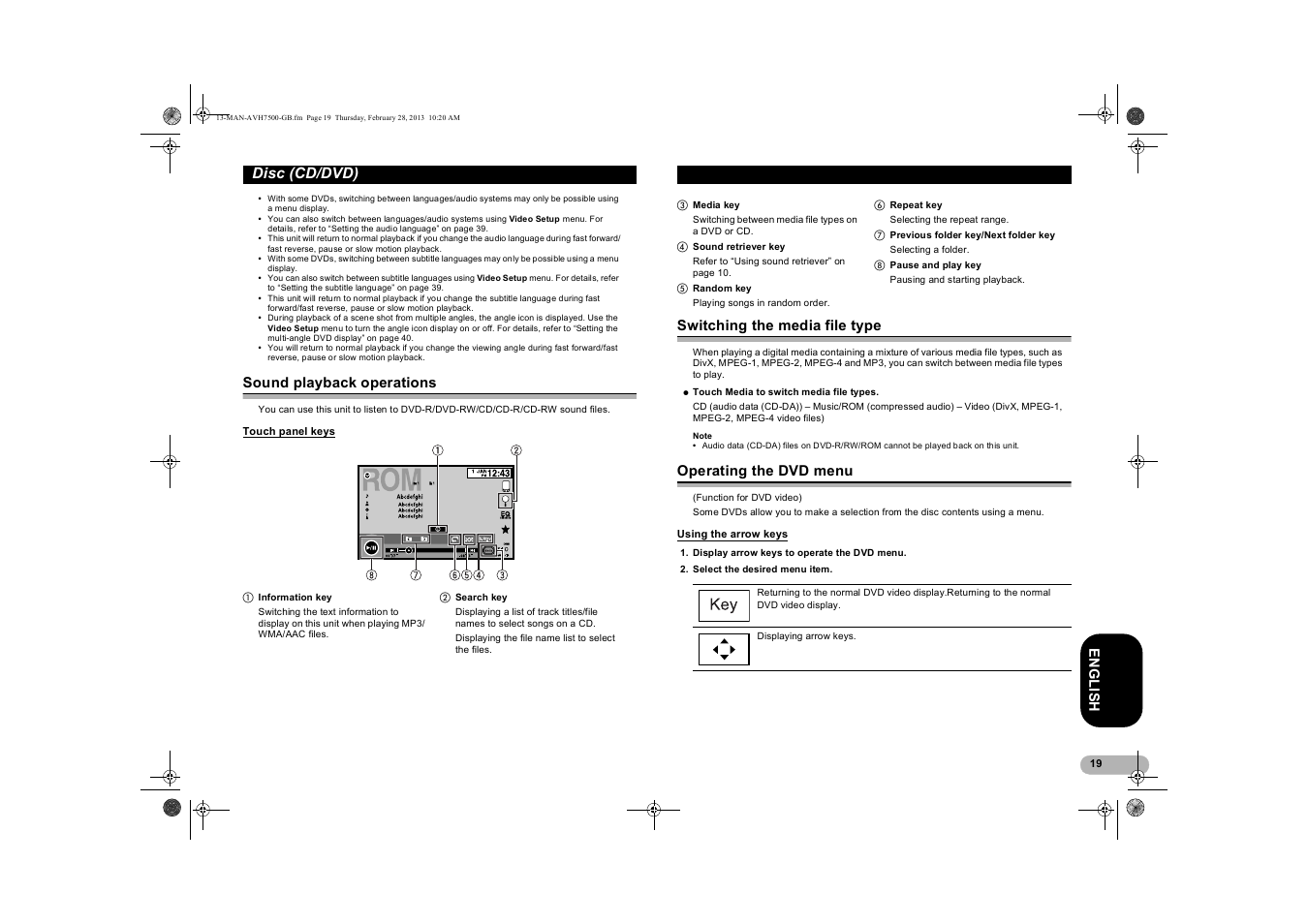 Sound playback operations, Touch panel keys, Switching the media file type | Operating the dvd menu, Using the arrow keys, Operating the, Dvd menu, Disc (cd/dvd) | Pioneer AVH-X7500BT User Manual | Page 19 / 70