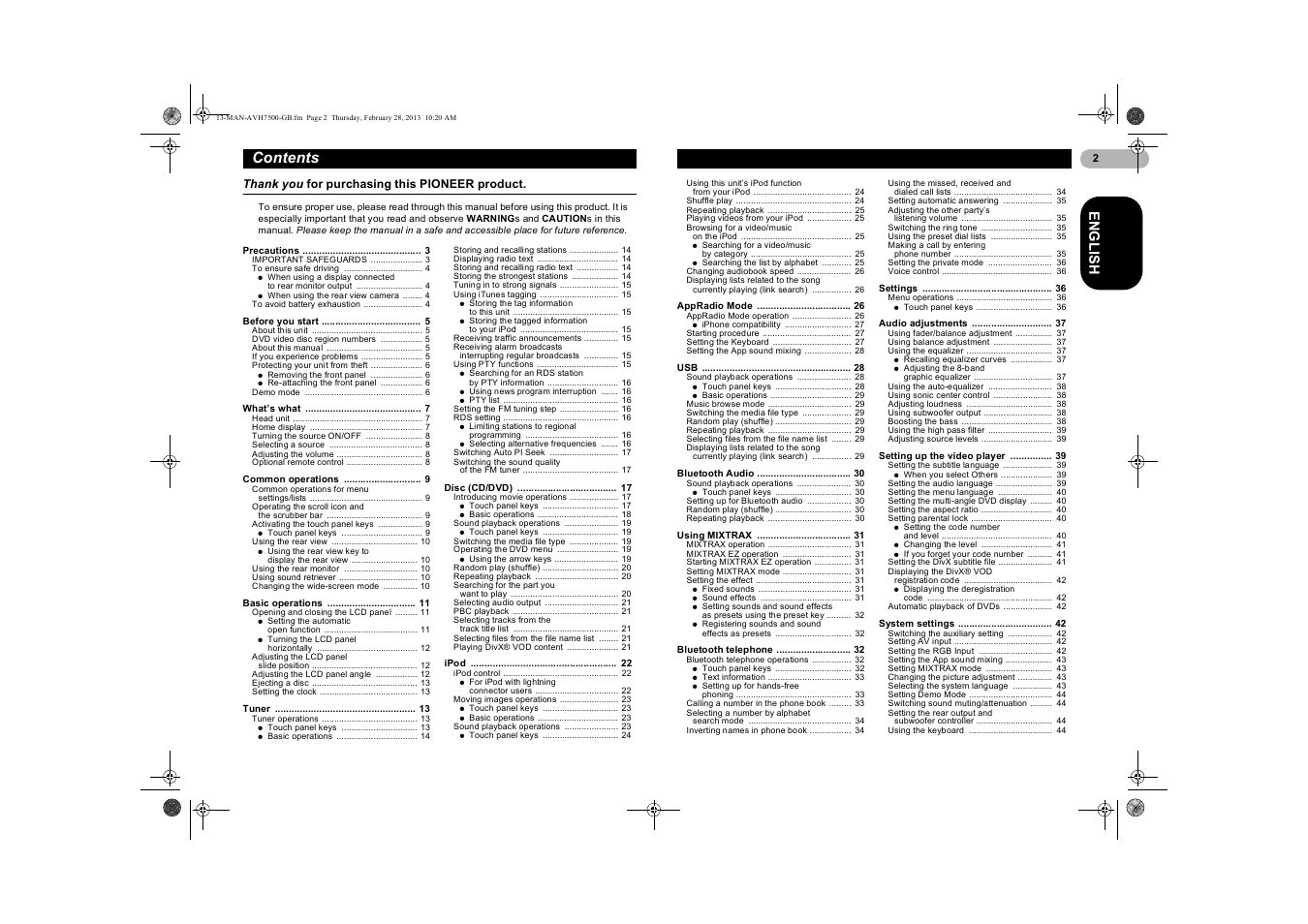 Pioneer AVH-X7500BT User Manual | Page 2 / 70