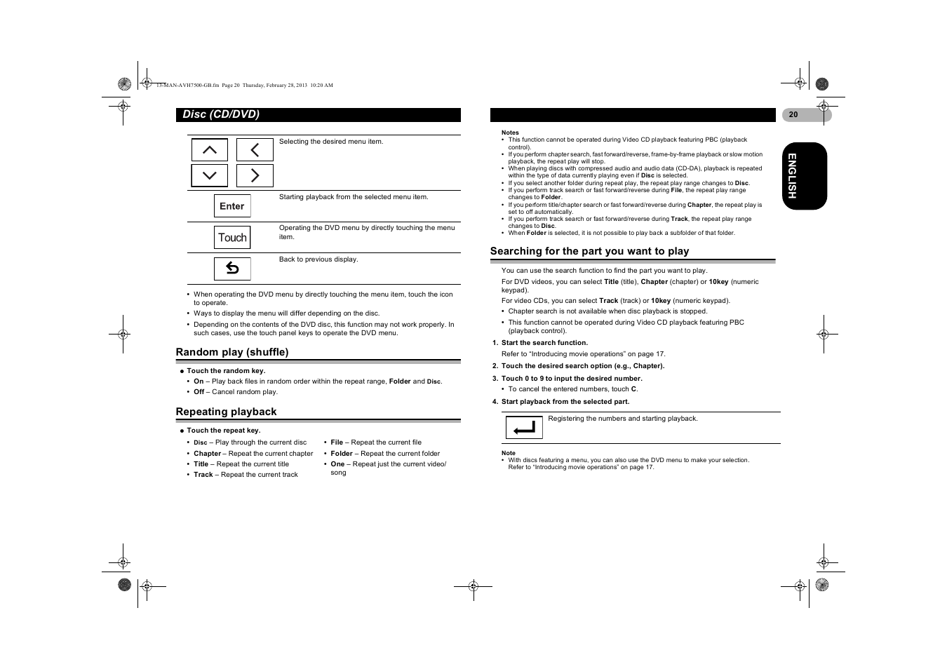 Random play (shuffle), Repeating playback, Searching for the part you want to play | Searching for the part you, Want to play, Disc (cd/dvd) | Pioneer AVH-X7500BT User Manual | Page 20 / 70