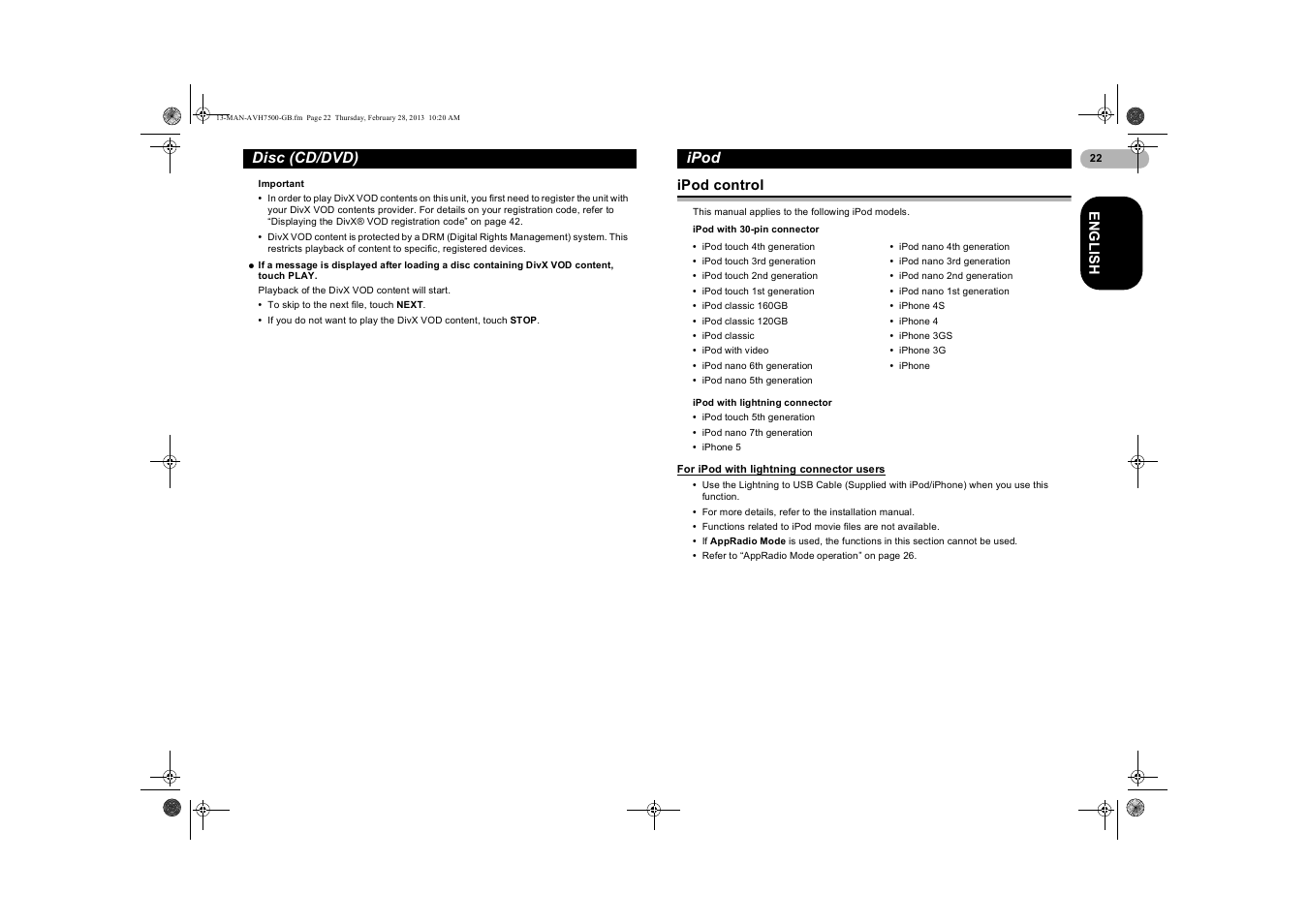 Ipod, Ipod control, For ipod with lightning connector users | For ipod with lightning, Connector users | Pioneer AVH-X7500BT User Manual | Page 22 / 70