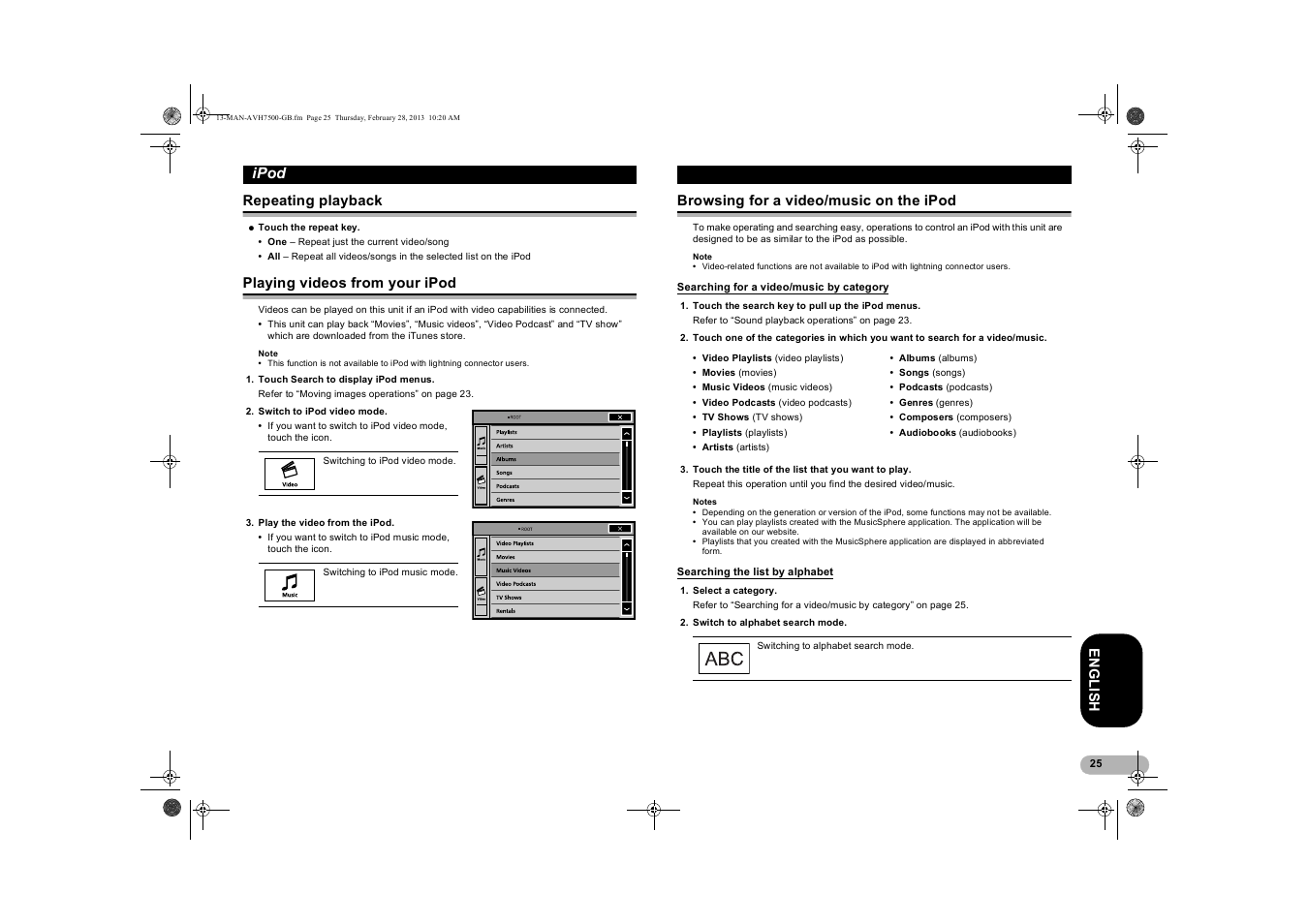 Repeating playback, Playing videos from your ipod, Browsing for a video/music on the ipod | Searching for a video/music by category, Searching the list by alphabet, Browsing for a video/music, On the ipod, Searching for a video/music, By category, Age 25 | Pioneer AVH-X7500BT User Manual | Page 25 / 70