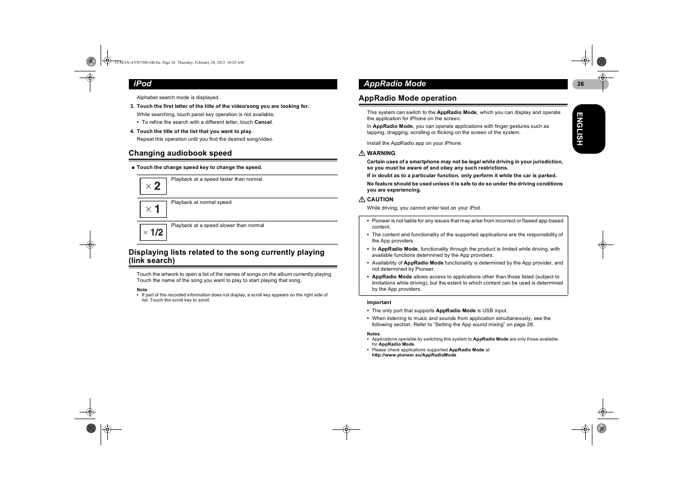Changing audiobook speed, Appradio mode, Appradio mode operation | Warning, Caution, Displaying lists related to the song, Currently playing (link search), Ipod | Pioneer AVH-X7500BT User Manual | Page 26 / 70