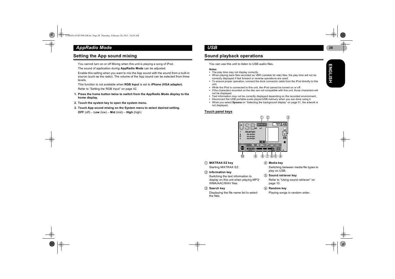 Setting the app sound mixing, Sound playback operations, Touch panel keys | Appradio mode | Pioneer AVH-X7500BT User Manual | Page 28 / 70