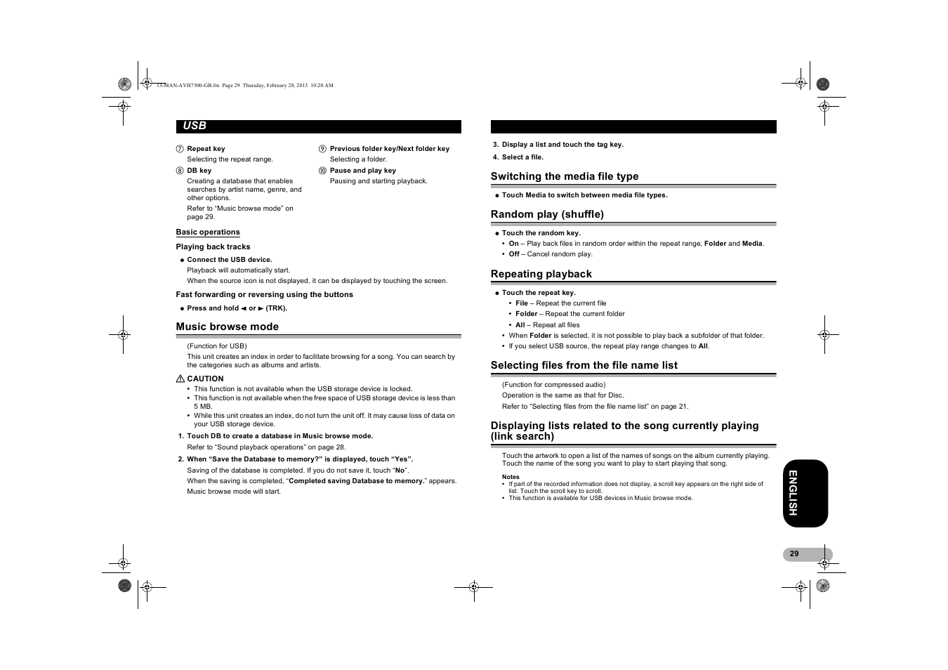Basic operations, Playing back tracks, Fast forwarding or reversing using the buttons | Music browse mode, Caution, Switching the media file type, Random play (shuffle), Repeating playback, Selecting files from the file name list, Displaying lists related to the song | Pioneer AVH-X7500BT User Manual | Page 29 / 70