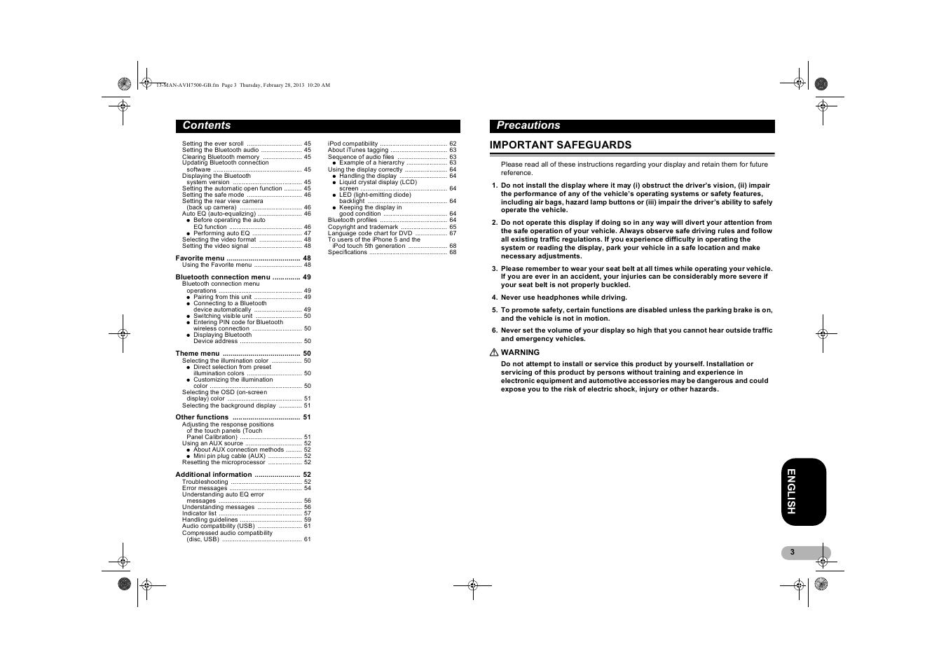 Pioneer AVH-X7500BT User Manual | Page 3 / 70