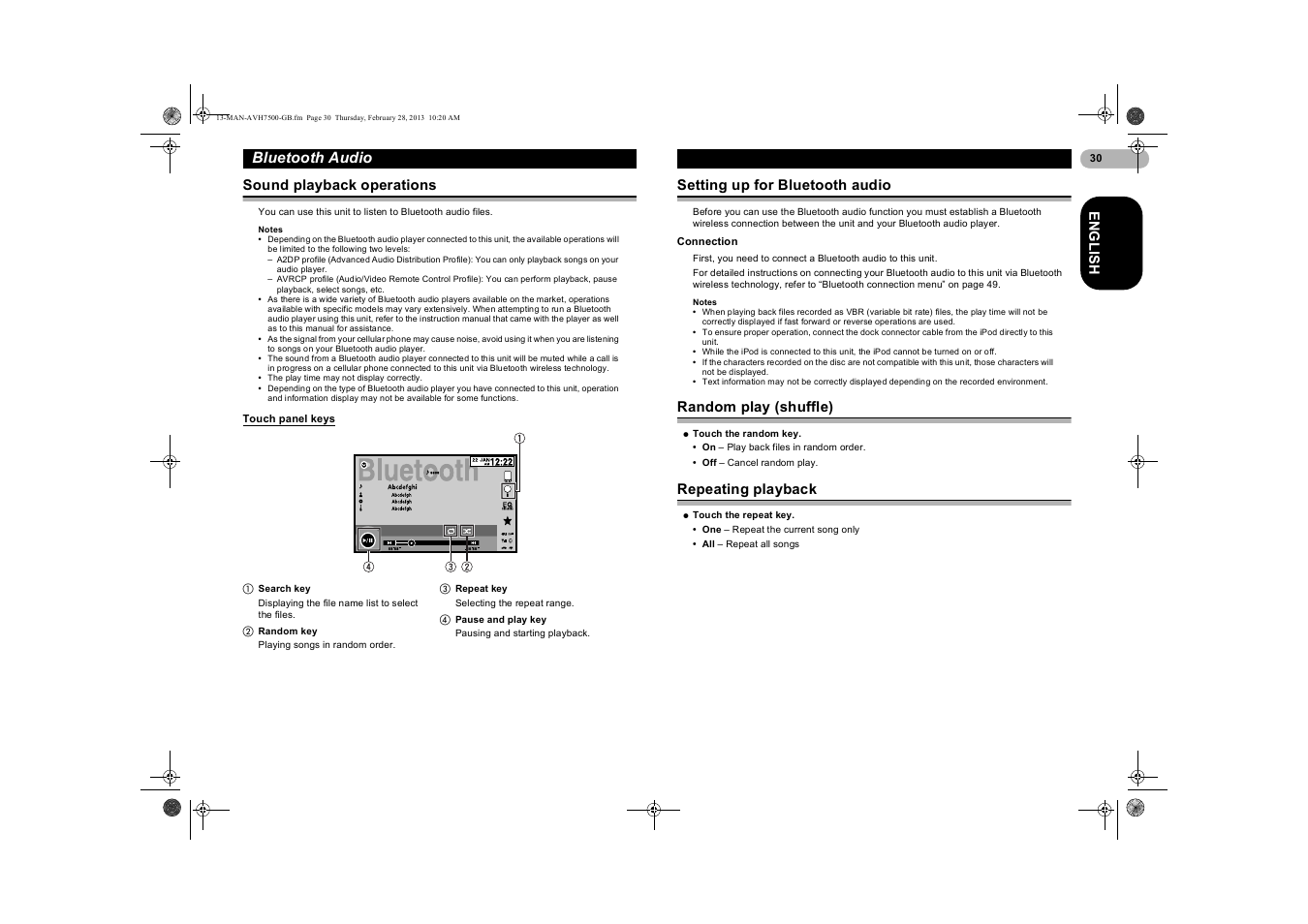 Bluetooth audio, Sound playback operations, Touch panel keys | Setting up for bluetooth audio, Connection, Random play (shuffle), Repeating playback | Pioneer AVH-X7500BT User Manual | Page 30 / 70