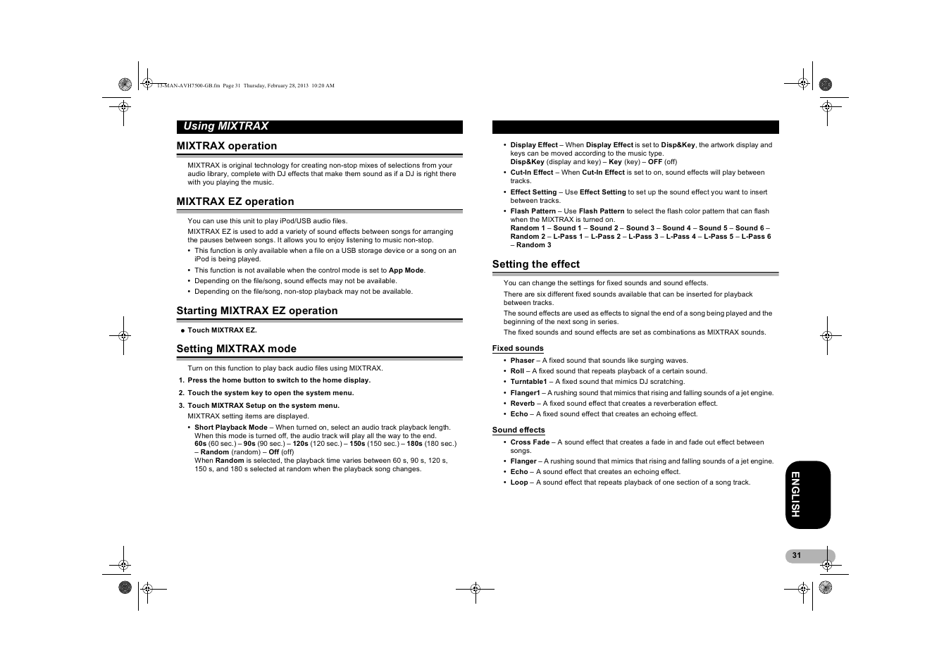 Using mixtrax, Mixtrax operation, Mixtrax ez operation | Starting mixtrax ez operation, Setting mixtrax mode, Setting the effect, Fixed sounds, Sound effects, Mixtrax ez operation” on | Pioneer AVH-X7500BT User Manual | Page 31 / 70