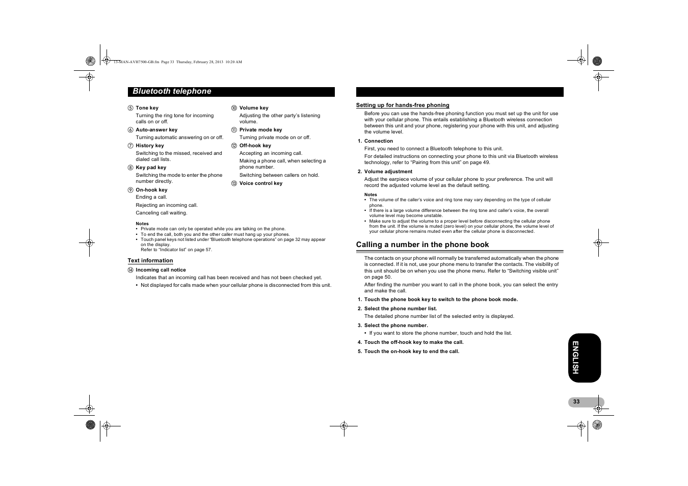 Text information, Setting up for hands-free phoning, Calling a number in the phone book | Setting up for hands-free, Phoning, Bluetooth telephone | Pioneer AVH-X7500BT User Manual | Page 33 / 70