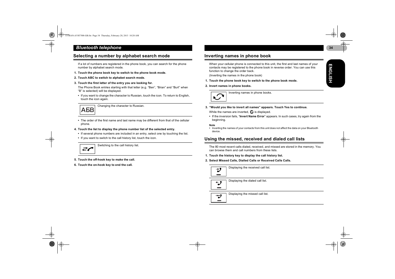 Selecting a number by alphabet search mode, Inverting names in phone book, Using the missed, received and dialed call lists | Selecting a number by alphabet, Search mode, Using the missed, received and, Dialed call lists, Bluetooth telephone | Pioneer AVH-X7500BT User Manual | Page 34 / 70