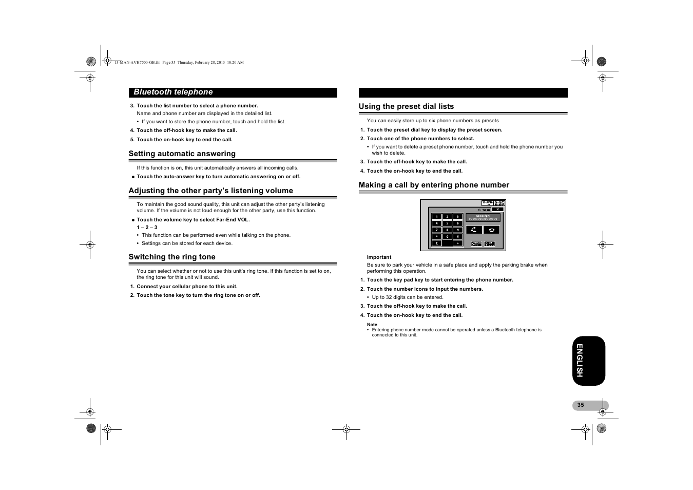 Setting automatic answering, Adjusting the other party’s listening volume, Switching the ring tone | Using the preset dial lists, Making a call by entering phone number, Adjusting the other party’s, Listening volume, Making a call by entering, Phone number | Pioneer AVH-X7500BT User Manual | Page 35 / 70