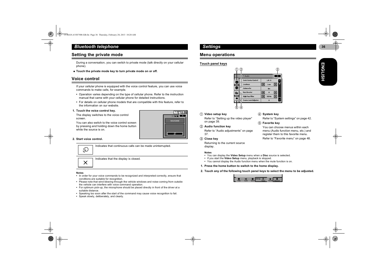 Setting the private mode, Voice control, Settings | Menu operations, Touch panel keys, Bluetooth telephone | Pioneer AVH-X7500BT User Manual | Page 36 / 70
