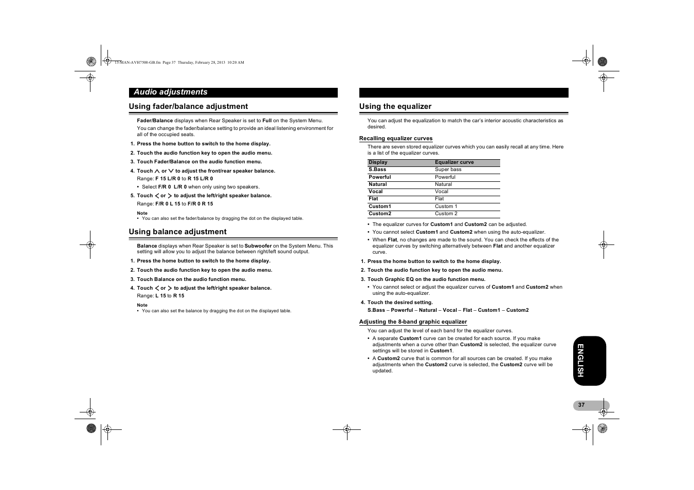 Audio adjustments, Using fader/balance adjustment, Using balance adjustment | Using the equalizer, Recalling equalizer curves, Adjusting the 8-band graphic equalizer, Adjusting the | Pioneer AVH-X7500BT User Manual | Page 37 / 70