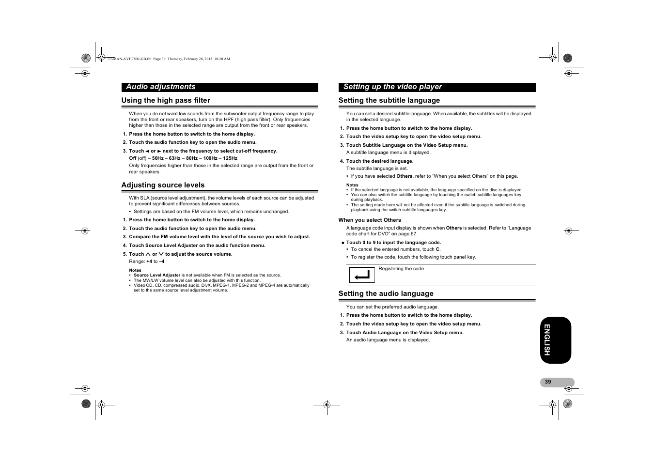 Using the high pass filter, Adjusting source levels, Setting up the video player | Setting the subtitle language, When you select others, Setting the audio language, Setting the s, Setting the audi, Setting the audio language” on, E 39 | Pioneer AVH-X7500BT User Manual | Page 39 / 70