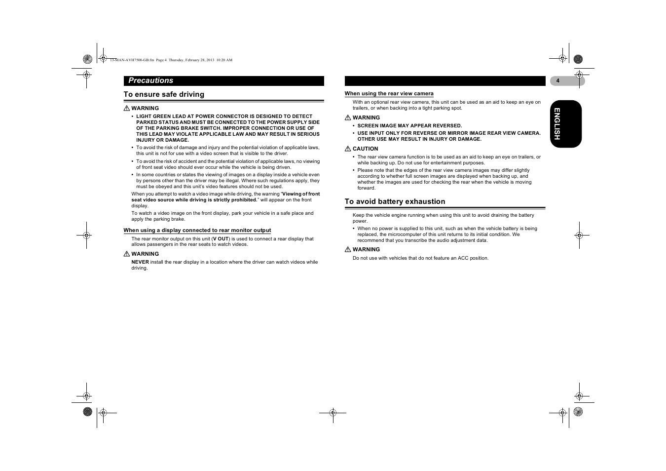 To ensure safe driving, Warning, When using the rear view camera | Caution, To avoid battery exhaustion, When using a display connected, To rear monitor output, Precautions | Pioneer AVH-X7500BT User Manual | Page 4 / 70
