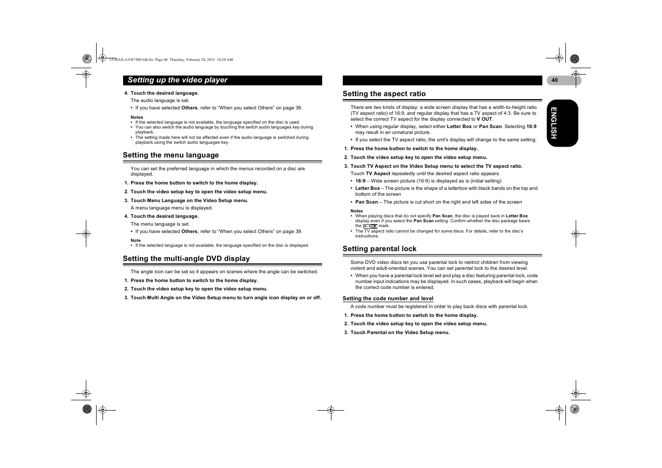 Setting the menu language, Setting the multi-angle dvd display, Setting the aspect ratio | Setting parental lock, Setting the code number and level, Setting the m, Setting the a, Setting p, Setting the c, E 40 | Pioneer AVH-X7500BT User Manual | Page 40 / 70