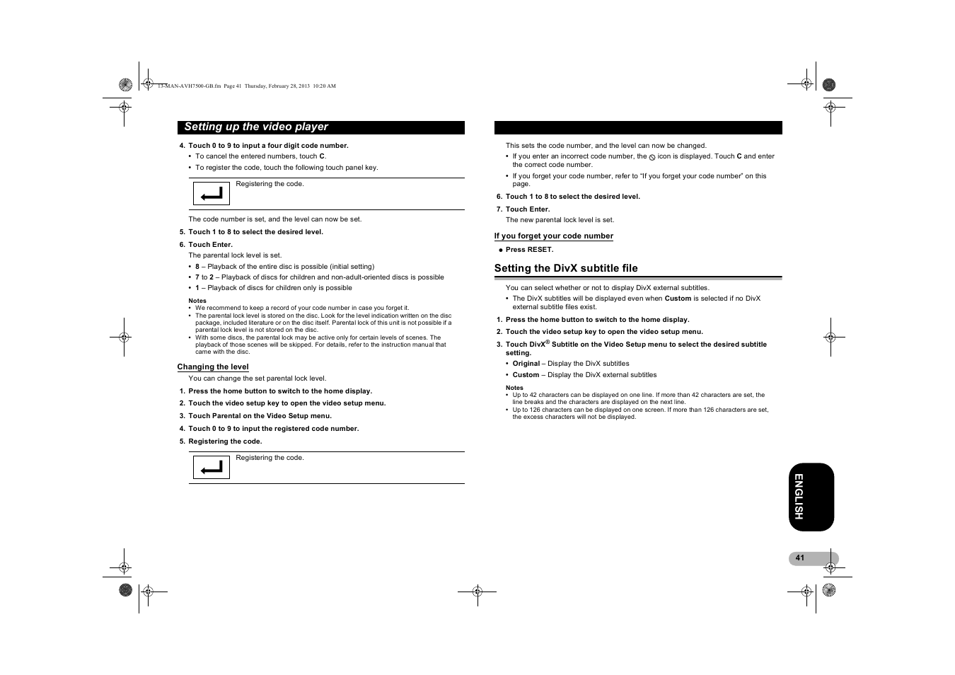 Changing the level, If you forget your code number, Setting the divx subtitle file | Setting up the video player | Pioneer AVH-X7500BT User Manual | Page 41 / 70