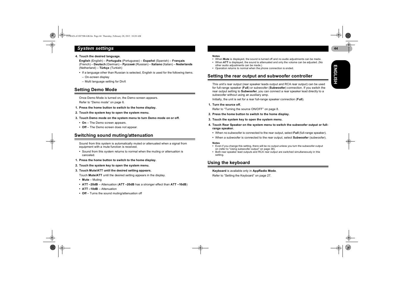 Setting demo mode, Switching sound muting/attenuation, Setting the rear output and subwoofer controller | Using the keyboard, Setting the rear output and, Subwoofer controller, System settings | Pioneer AVH-X7500BT User Manual | Page 44 / 70