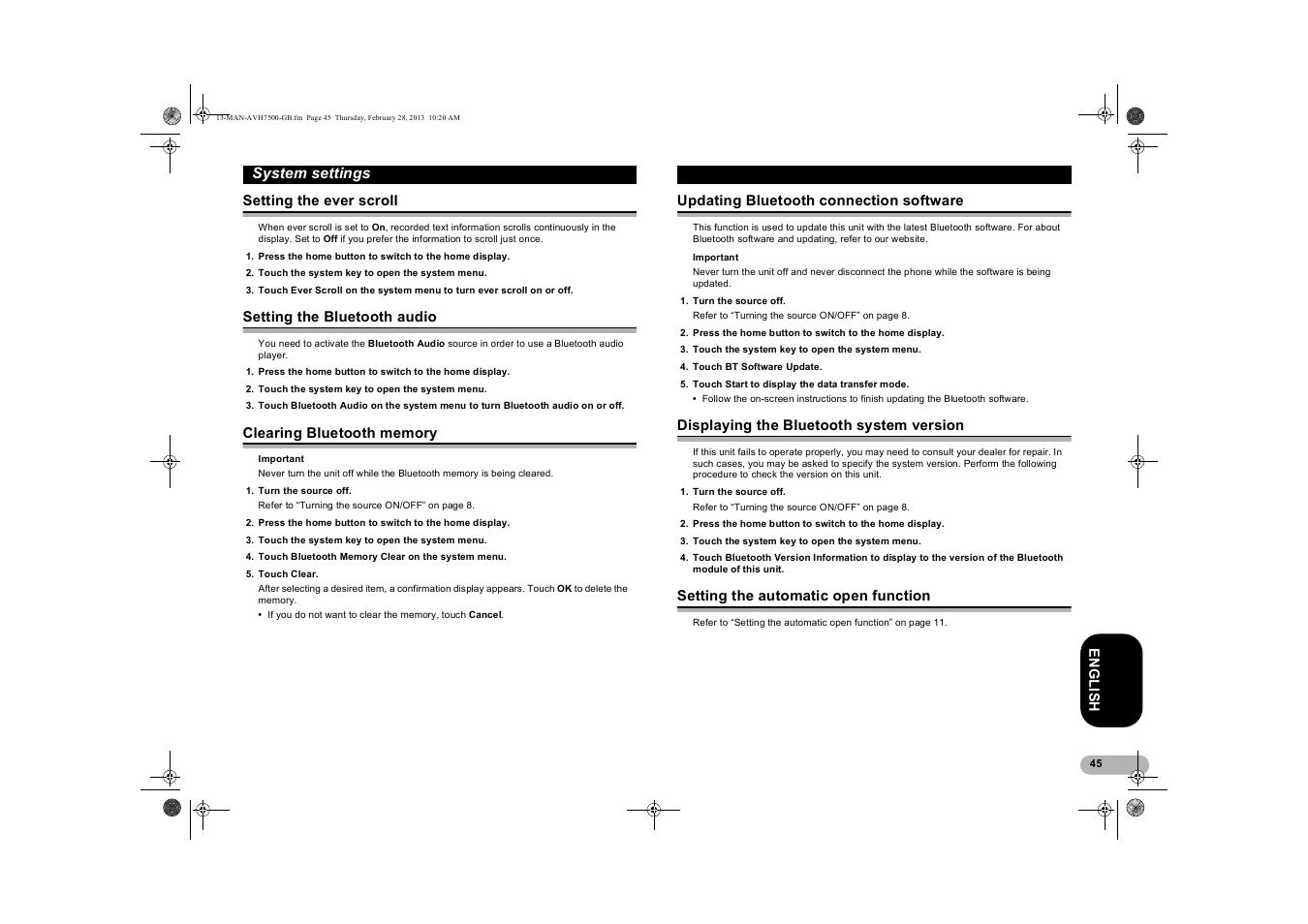 Setting the ever scroll, Setting the bluetooth audio, Clearing bluetooth memory | Updating bluetooth connection software, Displaying the bluetooth system version, Setting the automatic open function, Updating bluetooth connection, Software, Displaying the bluetooth, System version | Pioneer AVH-X7500BT User Manual | Page 45 / 70