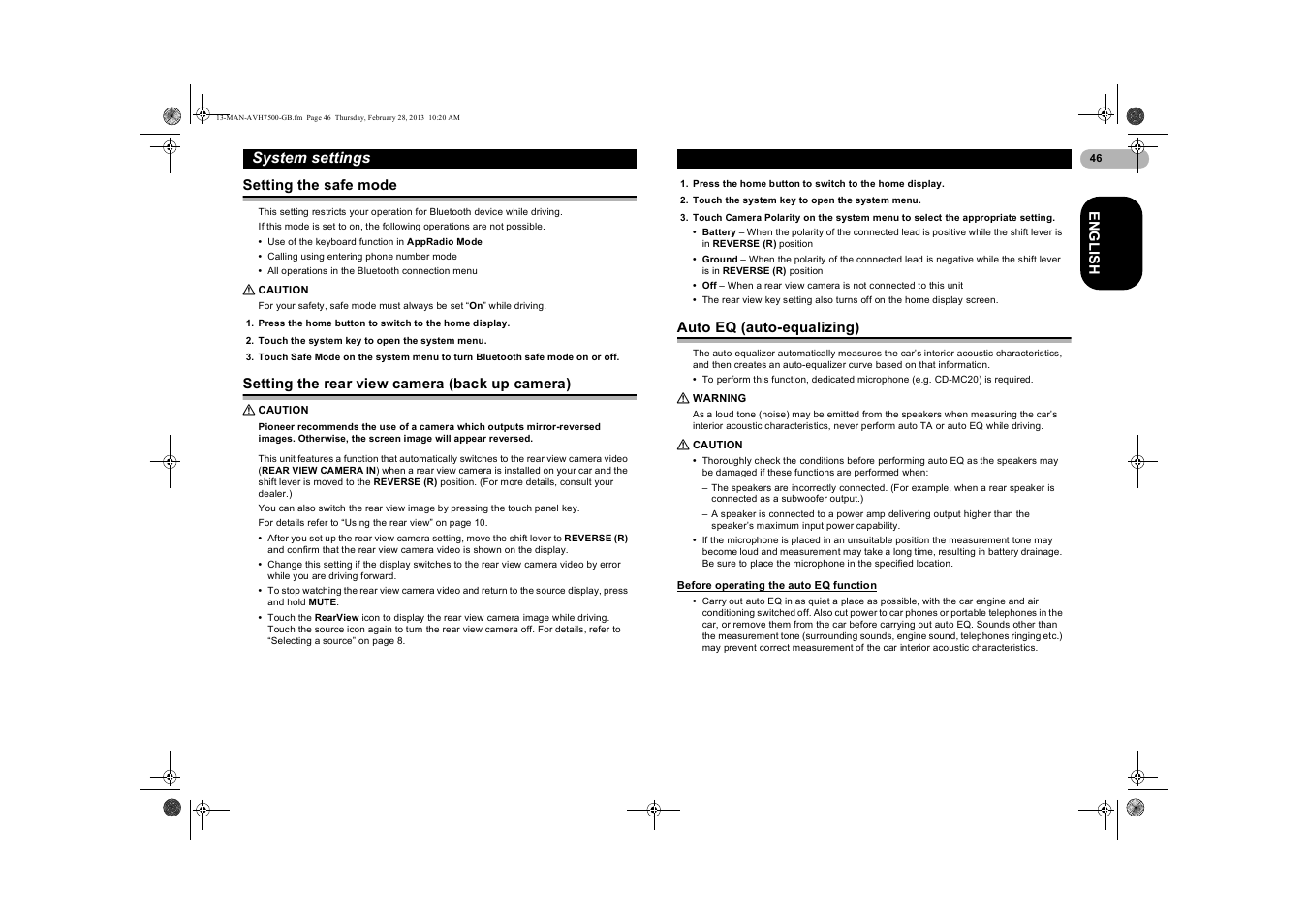 Setting the safe mode, Caution, Setting the rear view camera (back up camera) | Auto eq (auto-equalizing), Warning, Before operating the auto eq function, Setting the rear view camera, Back up camera), Before operating the auto, Eq function | Pioneer AVH-X7500BT User Manual | Page 46 / 70