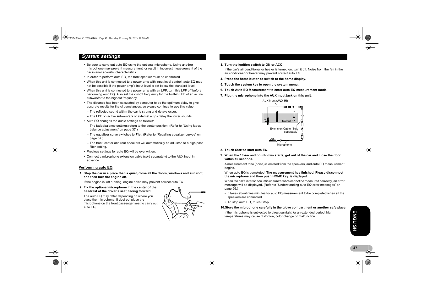 Performing auto eq, System settings | Pioneer AVH-X7500BT User Manual | Page 47 / 70