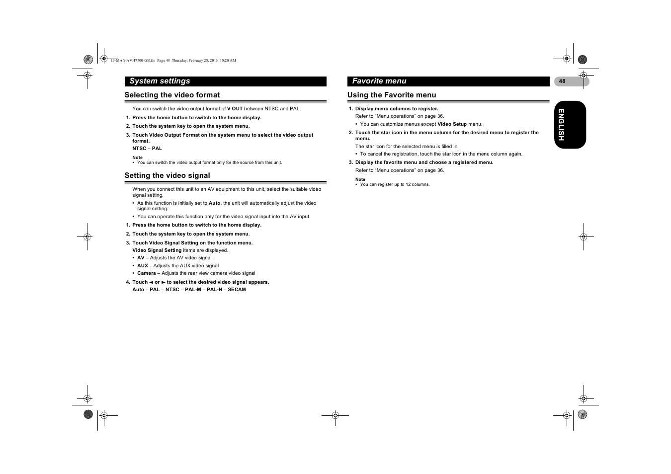 Selecting the video format, Setting the video signal, Favorite menu | Using the favorite menu, E 48 | Pioneer AVH-X7500BT User Manual | Page 48 / 70