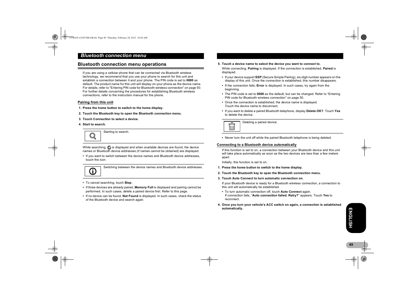 Bluetooth connection menu, Bluetooth connection menu operations, Pairing from this unit | Connecting to a bluetooth device automatically, Operations, Connecting to a bluetooth, Device automatically | Pioneer AVH-X7500BT User Manual | Page 49 / 70