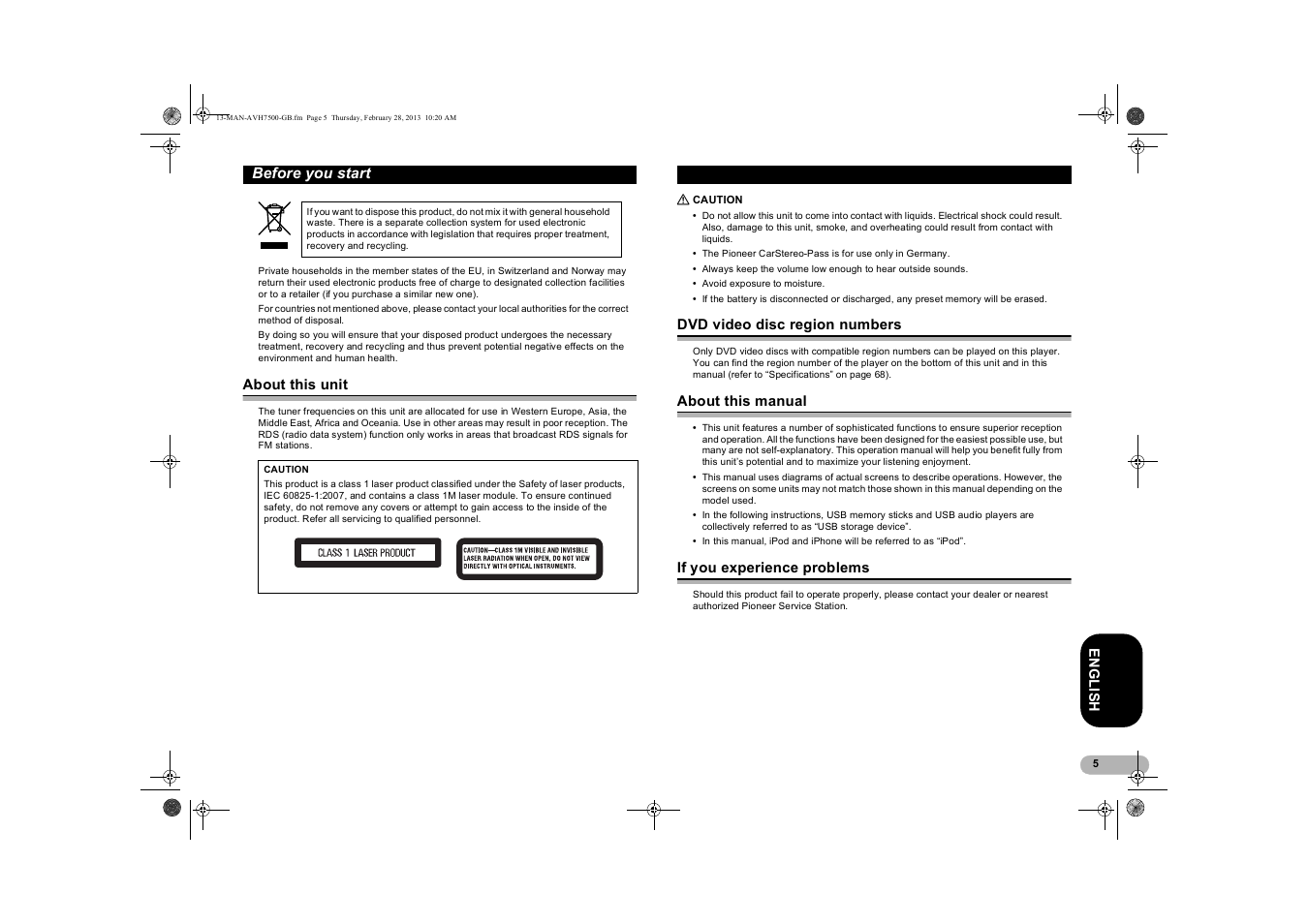 Before you start, About this unit, Caution | Dvd video disc region numbers, About this manual, If you experience problems | Pioneer AVH-X7500BT User Manual | Page 5 / 70