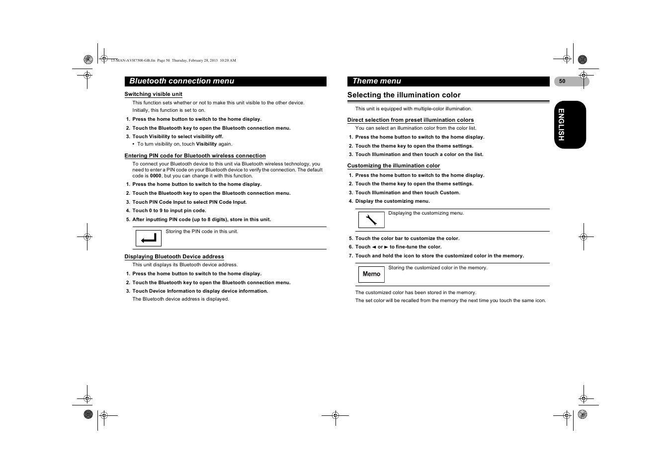 Switching visible unit, Displaying bluetooth device address, Theme menu | Selecting the illumination color, Direct selection from preset illumination colors, Customizing the illumination color, Entering pin code for bluetooth, Wireless connection, Displaying bluetooth, Device address | Pioneer AVH-X7500BT User Manual | Page 50 / 70
