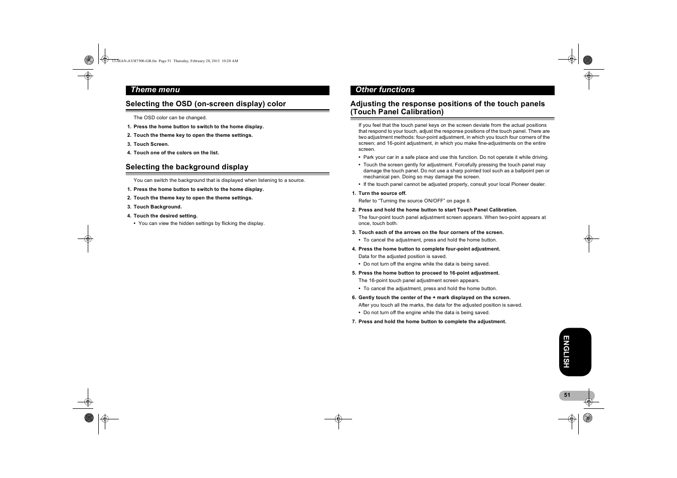 Selecting the osd (on-screen display) color, Selecting the background display, Other functions | Selecting the osd (on-screen, Display) color, Adjusting the response positions, Of the touch panels (touch, Panel calibration), On “selecting the background display | Pioneer AVH-X7500BT User Manual | Page 51 / 70