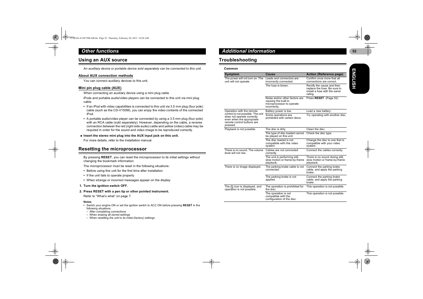 Using an aux source, About aux connection methods, Mini pin plug cable (aux) | Resetting the microprocessor, Additional information, Troubleshooting, Mini pin plug cable (a, Other functions | Pioneer AVH-X7500BT User Manual | Page 52 / 70