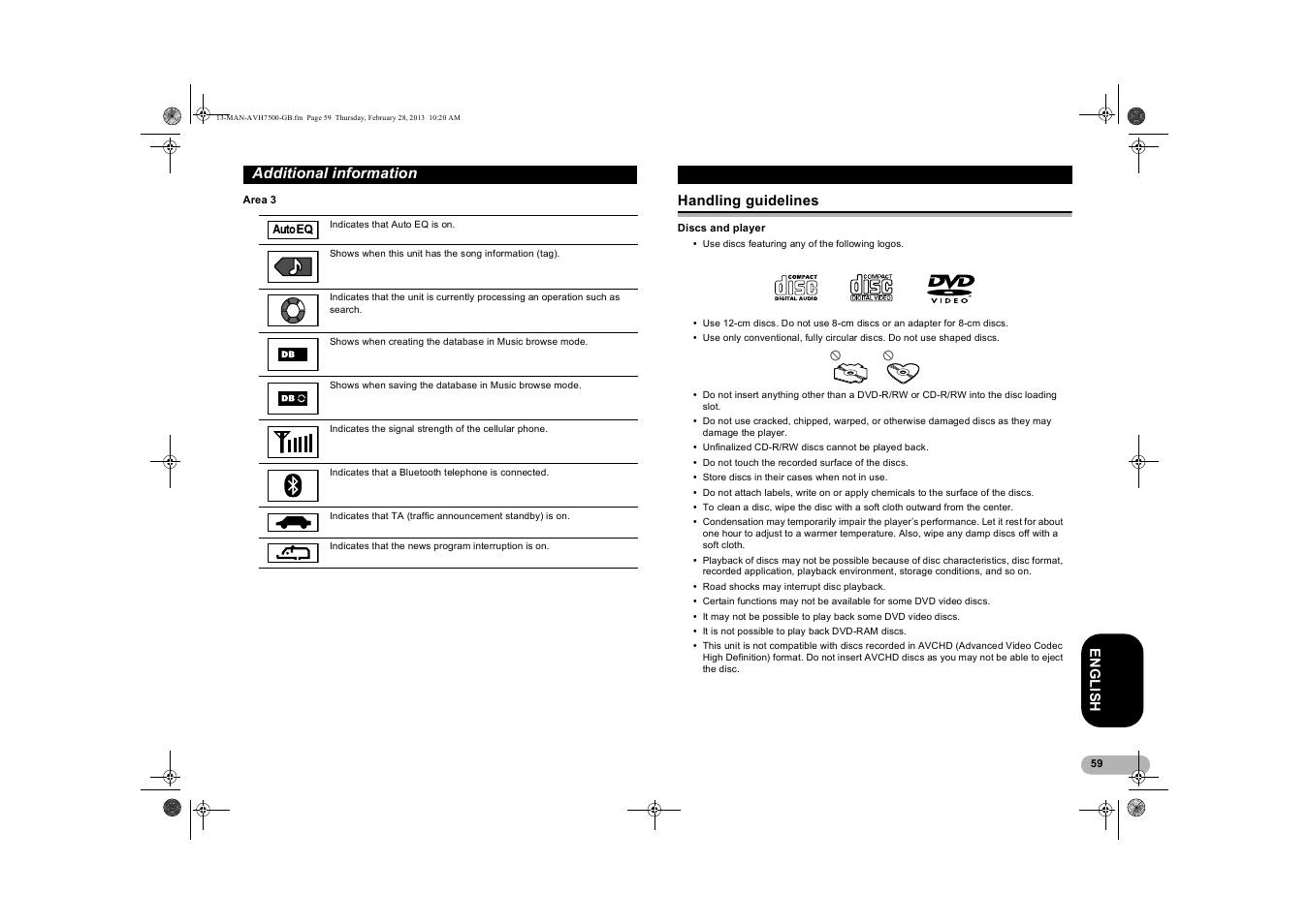 Area 3, Handling guidelines, Discs and player | Additional information | Pioneer AVH-X7500BT User Manual | Page 59 / 70