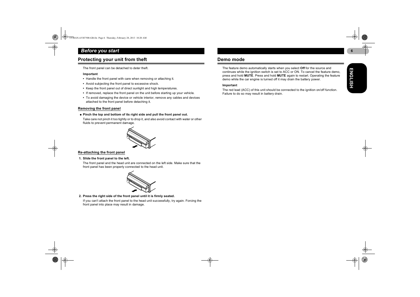 Protecting your unit from theft, Removing the front panel, Re-attaching the front panel | Demo mode | Pioneer AVH-X7500BT User Manual | Page 6 / 70