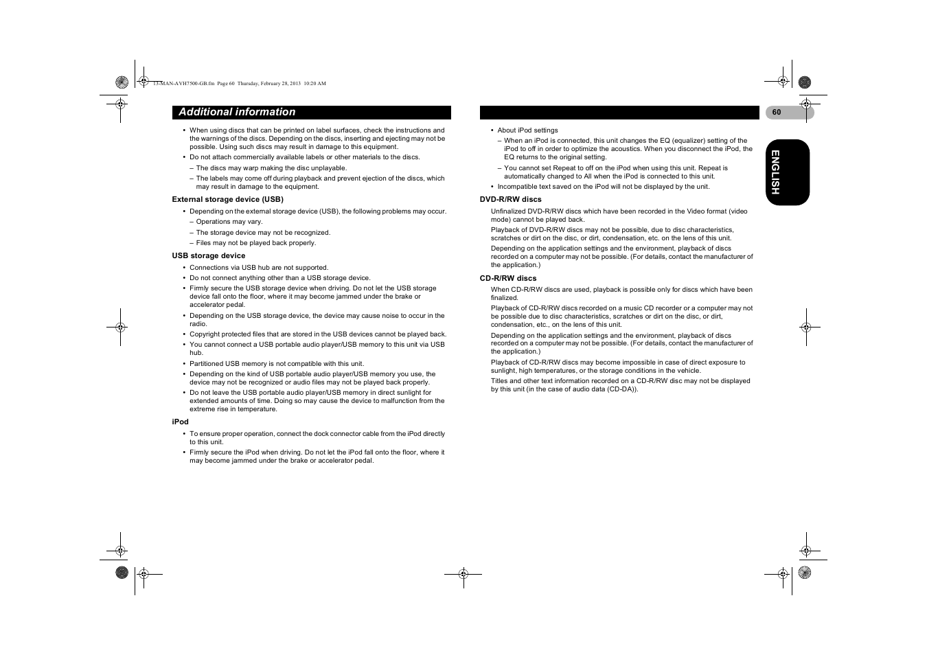 External storage device (usb), Usb storage device, Ipod | Dvd-r/rw discs, Cd-r/rw discs, Additional information | Pioneer AVH-X7500BT User Manual | Page 60 / 70