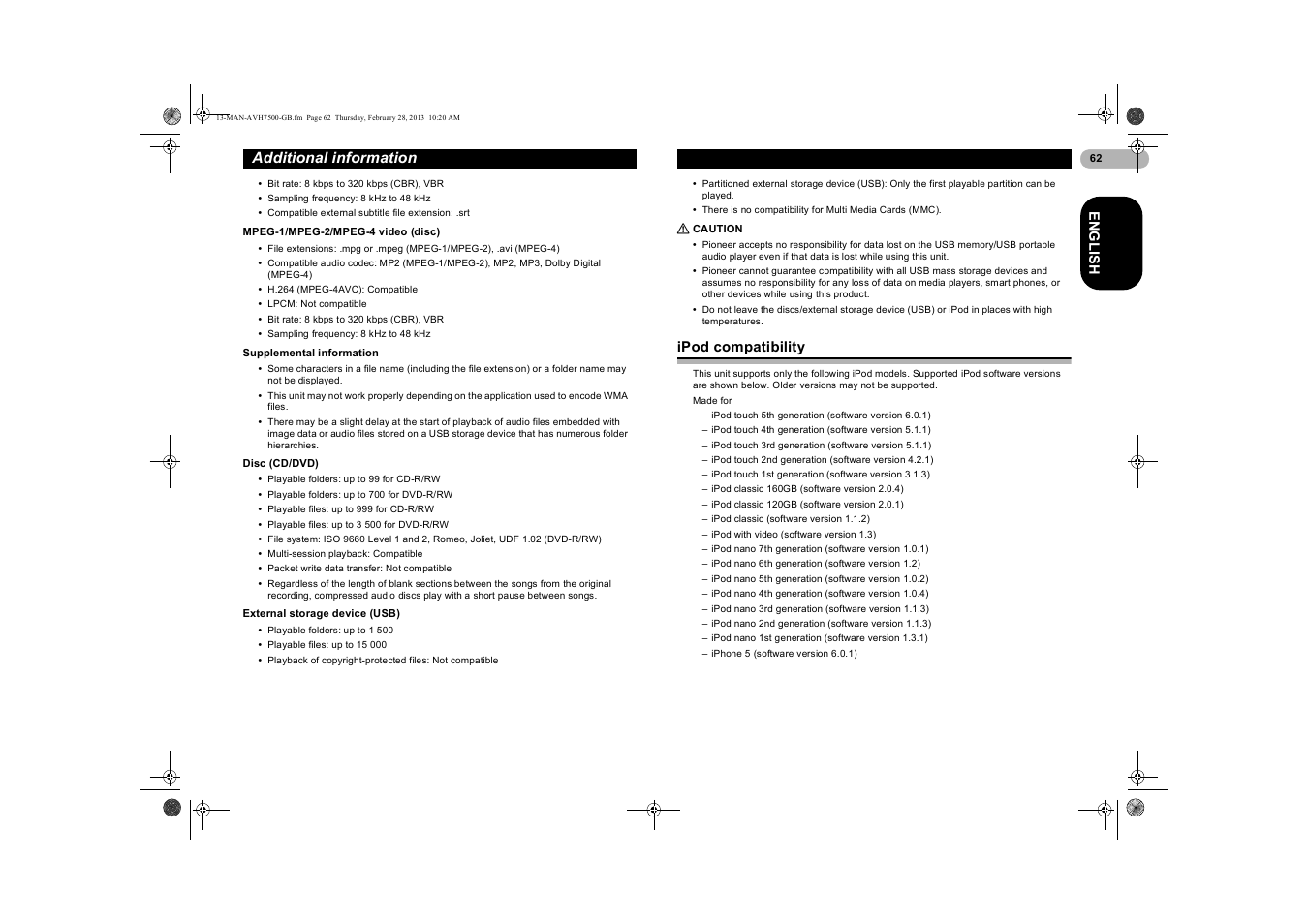 Mpeg-1/mpeg-2/mpeg-4 video (disc), Supplemental information, Disc (cd/dvd) | External storage device (usb), Caution, Ipod compatibility, Additional information | Pioneer AVH-X7500BT User Manual | Page 62 / 70